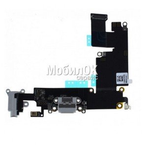 Шлейф для Apple iPhone 6 Plus черный, коннектора зарядки, коннектора наушников, с микрофоном