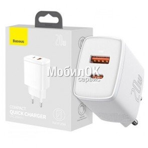 С.з.у. Baseus Compact Quick Charger, USB + Type-C, 20W (CCXJ-B02) белое
