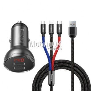 Автомобильное зарядное устройство Baseus Digital Display Dual USB 4.8A с кабелем 3-in-1 (TZCCBX-0G)