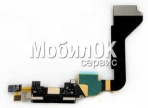 Шлейф для Apple iPhone 4 черный, коннектора зарядки, с микрофоном