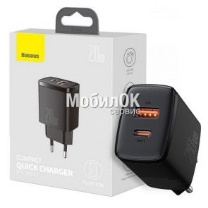 С.з.у. Baseus Compact Quick Charger, USB + Type-C, 20W (CCXJ-B01) черное