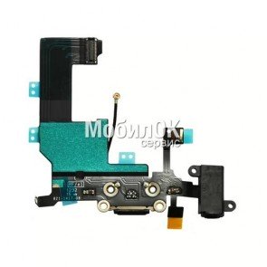 Шлейф для Apple iPhone 5C черный, коннектора зарядки, коннектора наушников, с микрофоном