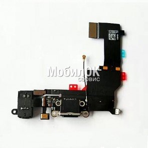 Шлейф для Apple iPhone 5S черный, коннектора зарядки, коннектора наушников, с микрофоном
