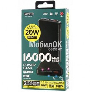 Внешний аккумулятор (PowerBank) REMAX Renen Series QC 20W + PD 18W 16000 mAh (RPP-322) черный